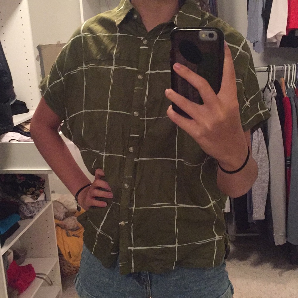 Green Grid Pattern Short Sleeve Button Up